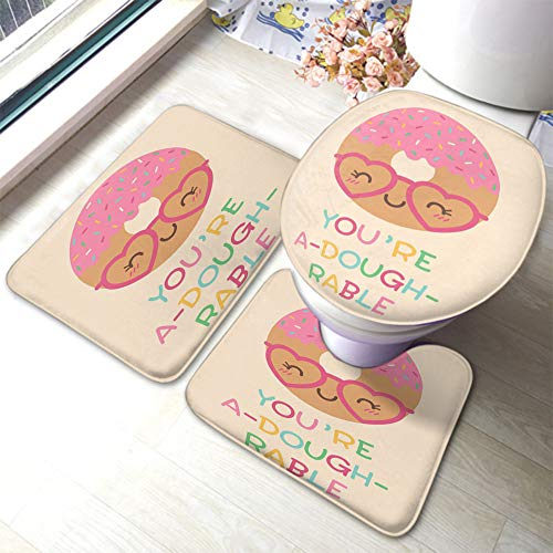 rutschfeste 3 Badteppich Set You're A Dough Rable Süße Donut Cartoon Liebe Kinder Brille Rosa Badgarnitur Badematten Weiche Wasserabsorbierend Kontur Badteppich, Für Badewanne, Wc-Sitz Bezug