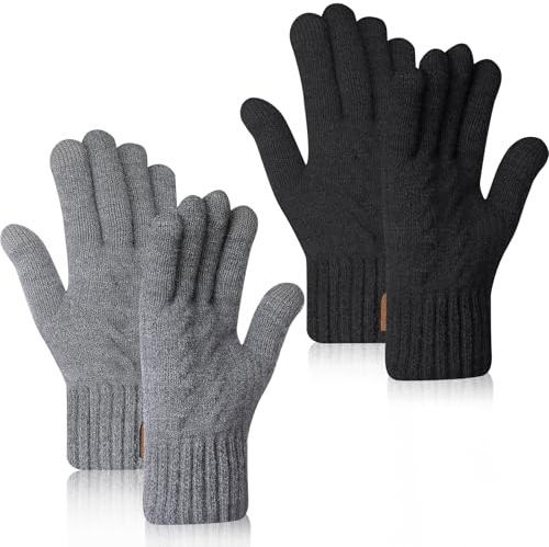 ViEinkaufen 2 Pair Winter Gloves for Women, Thermal Touch Screen Gloves Thick Warm Knitted Gloves with Fleece Lining for Running Cycling Driving Hiking Skiing