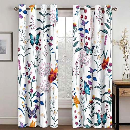 YZQGLHP Gardinen Schmetterling Vorhänge Blumen und Gras Verdunklungsvorhänge Schiebe Schallschutz Vorhang mit Ösen für Schlafzimmer Wohnzimmer H245 x B140 cm 2 teiliges Set