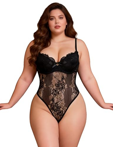 ohmydear Women's Lace Bodysuit Underwired Lingerie Set Sexy Plus Size Adjustable Back Leotard Top Snap Crotch Black Sheer Teddy Sexy Outfits, XXL (UK 18)