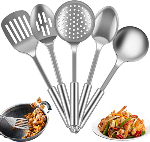 Juego de 5 utensilios de cocina de acero inoxidable con mango ergonómico, cucharas resistentes con agujero para colgar, juego de herramientas para cocinar