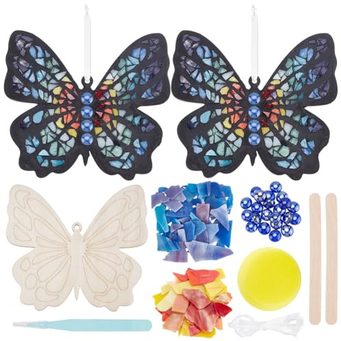 WEBEEDY 2 Set Schmetterling Mosaik Fliesen Kit Glas Mosaik Untersetzer Kit Mit Holzbasis Wandbehang DIY Mosaik Kit Geburtstagsgeschenk Zuhause Hängendes Ornament 15x13.5cm
