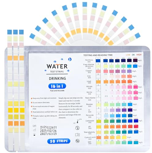 JGCJGG 50 X 16-In-1 Drinking Water Test Strips, WasserhäRte Teststreifen, Wassertester, Leitungswasser Test, Einfache Überprüfung der Wasserqualität, Wasserteststreifen mit Härte, Blei, Eisen, Kupfer