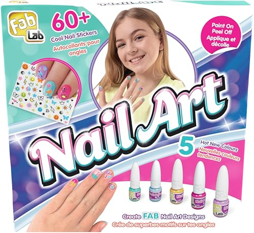 FABLAB Nail Art – Kit Nail Art pour Enfants dès 8 Ans – 6 Vernis à Ongles Sans Solvant – 60 Stickers Licornes et Étoiles – Activité Créative – Vernis Pelable – Idée Cadeau Mode et Beauté | 6 couleurs sans solvant et 60 stickers licornes et étoiles - facile à retirer sans dissolvant - idée cadeau originale