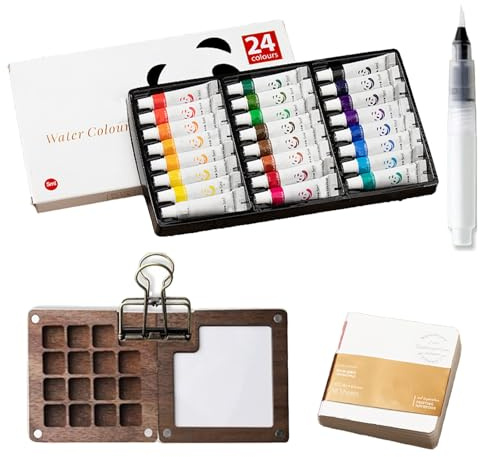 LIUYIDM Pocket Aquarell Set 15 Raster Travel Watercolour Set 24 Farben | Mini Aquarell Travel Set, Tragbar, mit Aquarellpapier-Zeichenbuch, Clip und Aquarellstift