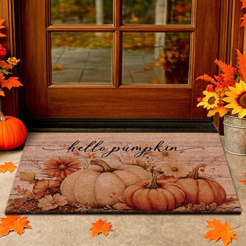 Lanpn Herbst Fußmatte, Kürbis Kokosmatte, rutschfeste Thanksgiving Türmatte für Haustür, 42x75 cm Kokos Schmutzfangmatte Innen Fussmatte Außen Waschbar Eingangsbereich Matte Hello Pumpkin Door Mat