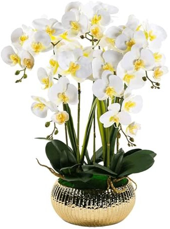 SdaryWare Orchidées artificielles 5 têtes de Fleurs artificielles avec Vase en céramique, Fleurs de phalaenopsis artificielles en Pot, Fausses Fleurs artificielles Florales de