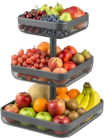 eluno 3-vånings fyrkantig fruktskål / brödkorg, 20 × 20 cm, 25 × 25 cm och 30 × 30 cm, fruktskål, för frukt, grönsaker, bröd och snacks i kök och vardagsrum, i metall, grå