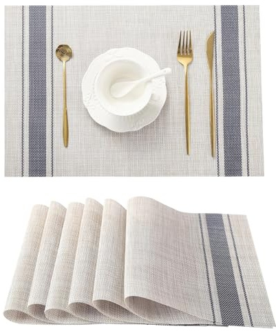 Komforbaa Set di 6 Tovagliette Americana PVC Lavabili, Tovagliette Rettangolari Antiscivolo e Resistente al Calore, Tovaglietta Riutilizzabili per Cucina Colazione Cena 45x30cm Blu Bianco