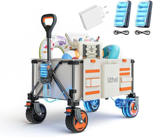 Litheli Elektrowagen Bollerwagen faltbar, Handwagen faltbar mit Motor & Bremsen, 150L 60KG geeignet für Camping, Garten, Strand, Einkaufen,2 Akku, PD