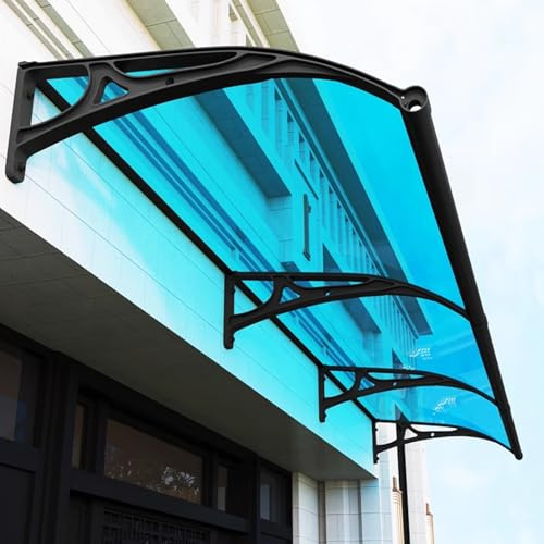 Blaue Fenstermarkise, gebogen, Terrassenüberdachung, UV- und Regenschutz für Türen und Balkone, Polycarbonat-Unterstand, 80 x 450 cm, perfekt für Außenbereiche