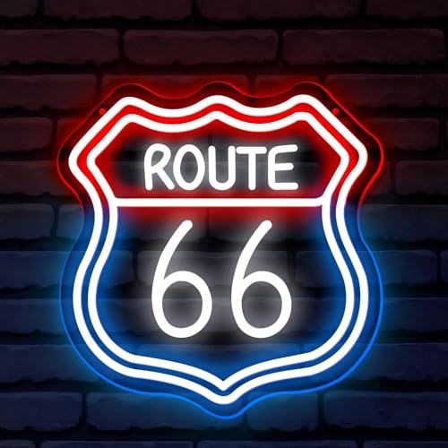 Route 66 Blue Red White Neon Sign LED Lights Wall Decor Signs USB Adjustable Brightness Acrylic Neon Lights Suitable for Club Decoration Office Bars Entertainment Room Art Man Cave( 5V 12.6*12.1 inch)