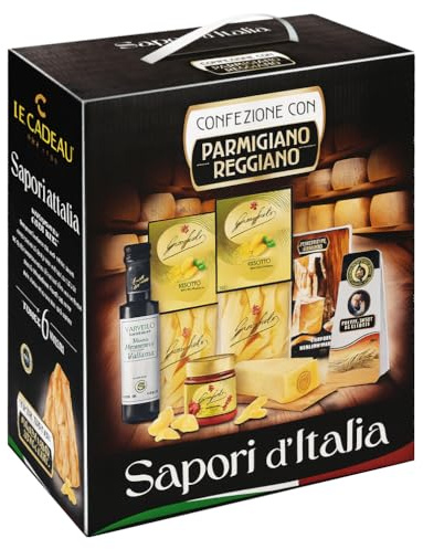 Strenna Sapori d'Italia 2025 con 6 Pezzi: Mini Ricettario Parmigiano, Trancio Formaggio, Aceto, Pasta e Sugo
