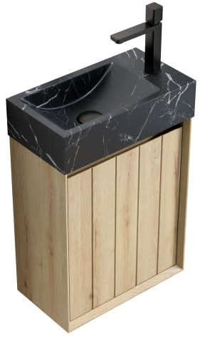 Lavabo avec meuble bas en marbre naturel | 40 cm armoire de salle de bain étroite avec une porte | Meuble de salle de bain peu encombrant en chêne blanc