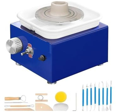WAFOHSR Mini Tornio for Ceramica con 2 Piatti Girevoli, Macchina for La Formatura di Ruote in, velocità Regolabile da 0 A 300 Giri/min, Vasca Rimovibile Controllo Preciso