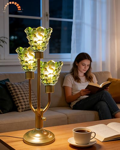 Lightdot Modern Glass Table Lamp for Living Room 3-Light Mid Century Desk Lamp with Green Glass Shade& Bulb Included 3000K Warmwhite Nightstand Lamp for Bedroom Bedside End Table-Gold