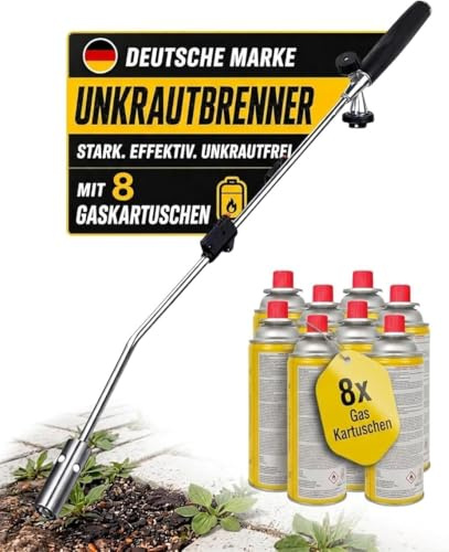 Fabona Unkrautbrenner [1100°] mit Piezozündung – professionelles Abflammgeraet mit robustem Griff & stufenloser Flammenregelung – ergonomischer Unkrautvernichter 80 cm – inkl. 8 Gaskartuschen
