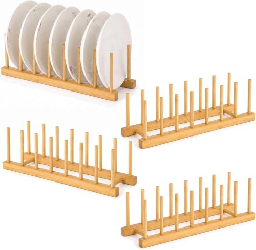 Dexpally Lote de 4 Soportes para Platos de Madera, Portaplatos, Organizador con 7 Compartimentos, Escurridor de Bambú para Platos y Tapas