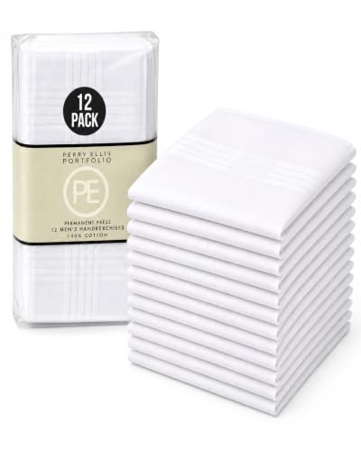 Perry Ellis 12 Pack Handkerchief (100% Cotton White with Satin Border, 16 x 16)
