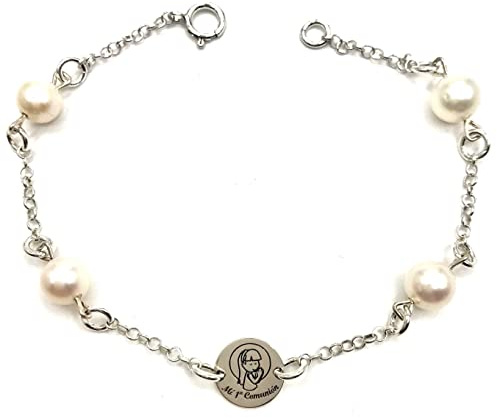 MASBARATA PULSERAS DE PERLAS COMUNION EN PLATA DE LEY (PERLA CON CHAPA NIÑA DE COMUNION)
