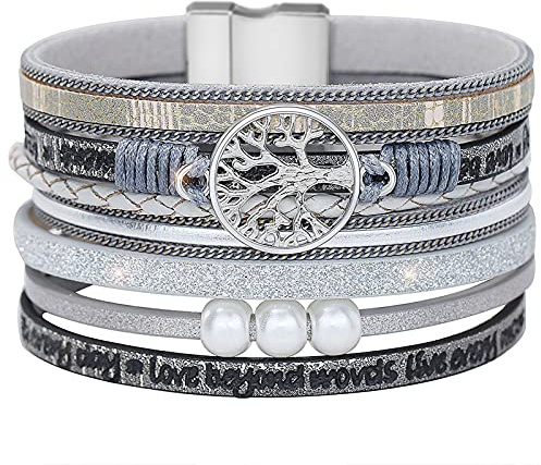 Gleamart Tree of Life Bracelet Multilayer Leather Wrap Cuff Bangle Magnetic Buckle Bracelet for Laugh Every Day Gray