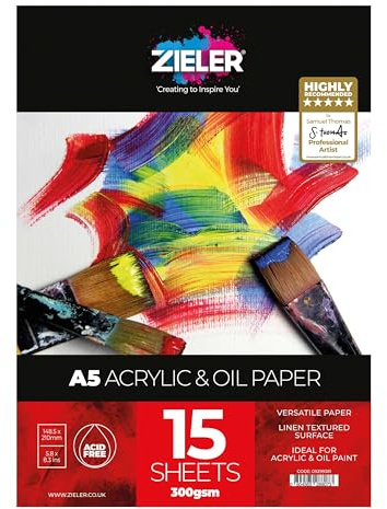 Acrylic & Oil Painting Pad - 300gsm, 15 Sheets - by Zieler® Linen Textured Surface & Acid Free. Ideal for Acrylic & Oil Painting. Made in UK (A5)