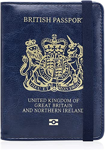 MOIRENTO Funda para pasaporte del Reino Unido | Soportes | Protector | Negro | Británico | Cartera Brexit, Banda azul marino, S, Moderno