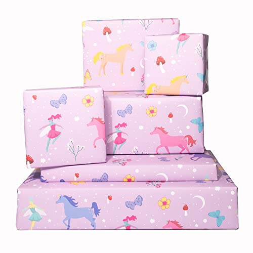 Central 23 - Fairy Unicorns presentpapper - 6 ark mystiskt presentpapper för flickor - söt fjäril och blommor för henne - rosa och lila födelsedagspresentpapper - återvinningsbart