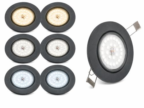 Trango 6er Set 6729-061M36K LED Einbaustrahler Anthrazit matt inkl. 6x 5 Watt CCT Farbtemperatur Steuerung 2700K-4000K-6500K LED Modul, Einbauleuchte, Einbauspot, Deckenleuchte, Downlight, Deckenlampe