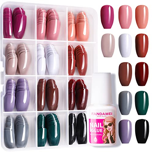 288PCS Press on Nails Medium Length with 7g Glue, FANDAMEI 12 Sets Short Fake Nails False Ballerina Coffin Glossy False Nail Tips for Women Girls Nail Art DIY
