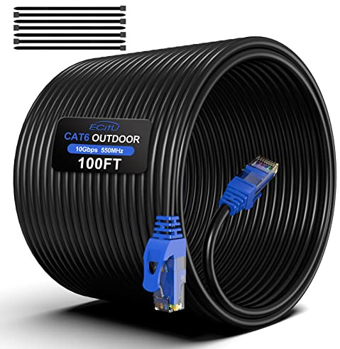 100FT Cat6 Outdoor Ethernet Cable, In-Ground, Heavy Duty Direct Burial, 24AWG CCA Patch Cord, POE, UTP, Waterproof, LLDPE UV Resistant, Network, Internet, LAN, Cat 6 Cable 100 Feet with 25 Cable Ties