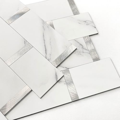M MOFIT Metro Fliesen Selbstklebend Küche,Marmor Selbstklebend Wandfliesen Metall Fliesenaufkleber Bad Wasserdicht Hitzebeständig Große Fliesen Wand(10 Matte,Weiß)