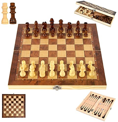 YongHang Schachspiel aus Holz 3 in 1 Tragbare klappbar Schachbrett International Schach Reiseschach Chess Board Set für Party Familie Aktivitäten Kinder Erwachsene Reisen