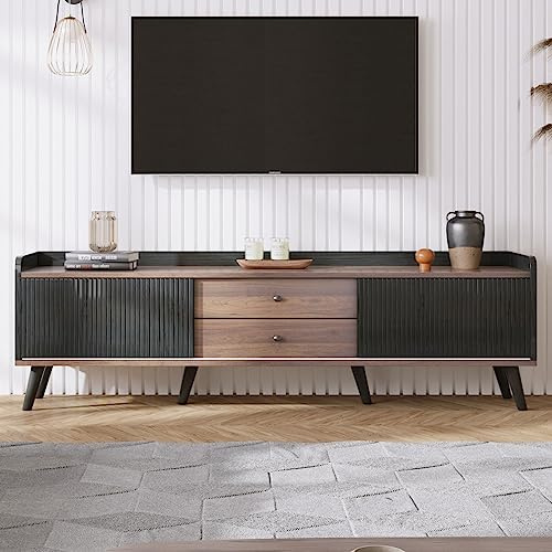 TV-Schrank, Lowboard Fernseher Tisch Modern, TV Unterschrank Holz mit Stilvolle Eleganz TV-Schrank mit zwei Schubladen TV- Lowboard niedrige Platte mit zwei Schiebetüren (Schwarz und natürliches)
