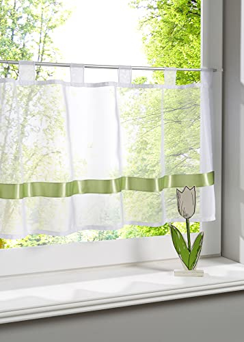 Daliena Scheibengardine transparent mit Satinband Schlaufen Kurzgardine Bistrogardine für Wohnzimmer Schlafzimmer (Grün BxH 150x50cm) 1er Pack