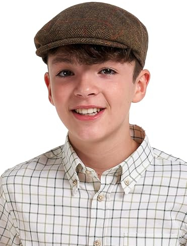JACK PYKE Junior Flat Cap, Wool Blend with Polyester Lining, Tweed Brown Pattern, Popper Curved Peak, Windproof & Waterproof Newsboy Flat Cap, L/XL