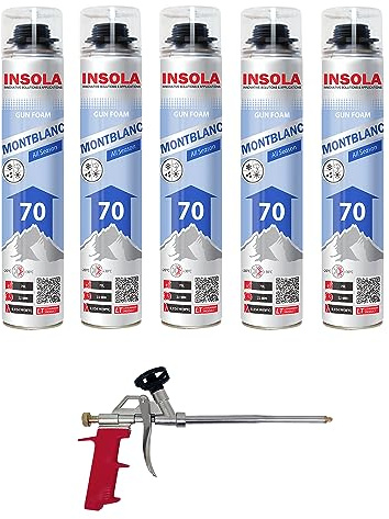 Mousse expansive pistolable Montblanc Toutes Saisons INSOLA - Aérosol de 870 ml - Pour l' Isolation Thermique et Phonique - (5 + 1 Pistolet)