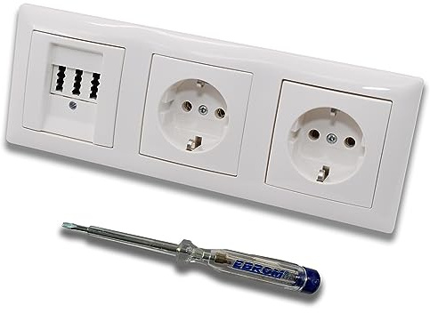 Busch Jäger Set: Unterputz Telefondose von EBROM, TAE 3x6 NFN für 1 Telefon und 2 Zusatzgeräte in BalanceSi alpinweiß, Rahmen und 2x Steckdose 20EUC-914 inkl. EBROM Phasenprüfer zur Montage d. Geräte