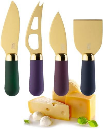 4 Piece Cheese Knife Set - Stylish And Coloureful Cheese Knives Gift Set. Ergonomic Soft Grip Knife Handles & Classic, Gold Coloured Stainless Steel Blades, Extra Sharp And Sturdy. 10 Year Guarantee.