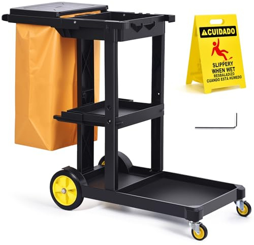 Matthew Commercial Traditional Cleaning Janitorial 3-Shelf Cart,500 Lbs Heavy Duty Capacity Housekeeping Cart,51L x 21W x 39H,Wheeled with 25 Gallon Zippered Yellow Vinyl Bag and Cover w lid,Black