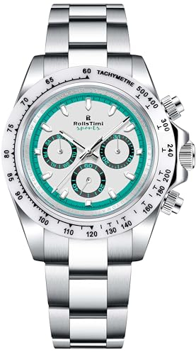 RollsTimi Orologio Automatico da Uomo, Cronografo Casual, Cinturino in Acciaio Inossidabile, 39MM Specchio Zaffiro, Impermeabile 30M Uomo Moda Sport Business Orologio. (Bianco)