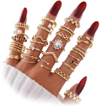 KISS WIFE Gold Silver Black Kunckle Rings Set for Women , Dainty Simple Trendy Cute Stackable Finger Rings Pack, Perfect for Stacking Layering on Thumb and Knuckle, Mixed Size, Jewelry Gift (Gold-Vintage 2)
