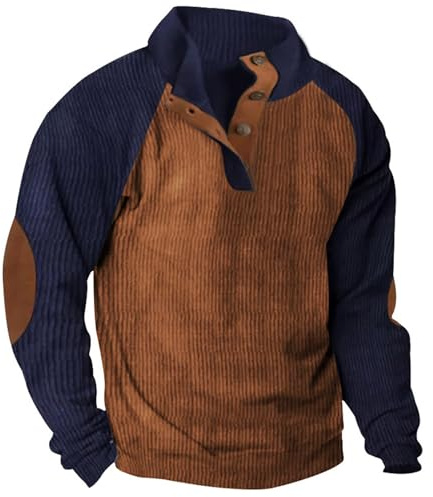 Mens Corduroy Shirt Jacket,Corduroy Jumper for Men UK 2026 Button Up V Neck Henley Sweatshirts Mock Neck Pullover Sweat Tops Long Sleeve Winter Sweaters Jumpers with Elbow Patches
