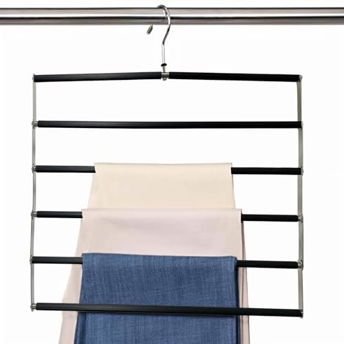 Loputon Cintre à pantalons, peu encombrant, pliable, antidérapant, en acier inoxydable, organisateur de garde-robe multifonction, offre de la place pour plusieurs pantalons, jeans, écharpes, noir