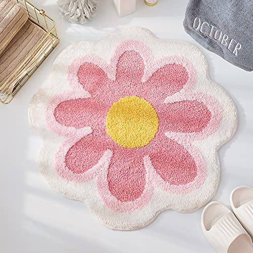 Badezimmerteppich mit Niedlichen Blumen, 60 Cm, Kleiner Runder Teppich, Weiche, Saugfähige Matte, Rutschfeste, Waschbare Fußmatte für Badewanne, Schlafzimmer, Böden, Kinderzimmer, Eingang(Rosa)