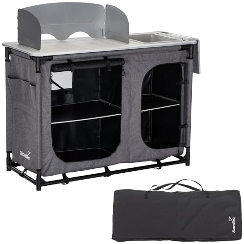Skandika Campingküche Ruoka | Campingschrank mit Aluminiumgestell, Abnehmbarer Wind- und Spritzschutz, Spüle, Staufächer, Tragetasche, Outdoorküche| Outdoor Camping Küche, Reiseküche