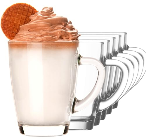 KIAPPO Kaffeegläser Set 300 ml - 6 Stück Gläser - Tee Gläser - Cocktailgläser - Trinkgläser - Latte Macchiato-Gläser - Hochgläser mit Henkel - 80 x 80 x 106 mm