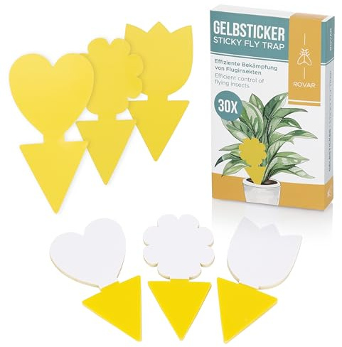 Rovar Gelbsticker Fliegenfalle 30 Stück - Effektive Bekämpfung von Trauermücken an Zimmerpflanzen - Extra Große Fangfläche 13 x 6 cm, Verschiedene Formen