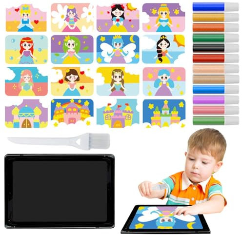 Uhngw Sandmalerei für Kinder, Sandkunst zum Abziehen und Aufkleben, Farbsand-Kunstbilder-Sets für Kinder, 1 Tablett, 1 Pinsel, 12 Sandfarben, 16 Bilder zum Abziehen und Streuen, Kunstwerkzeug für