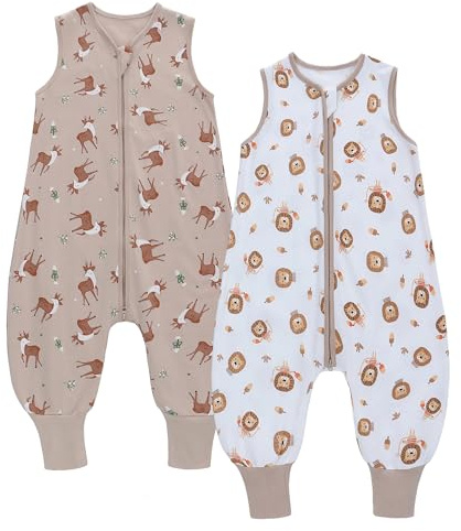 2er Pack Baby Schlafsack Sommer mit Füßen 0.5 Tog 100% Baumwolle Kinder Sommerschlafsack für Jungen und Mädchen (Löwe + Hirsch, S/65-85CM)